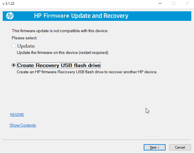HP BIOS wizard - create usb drive option